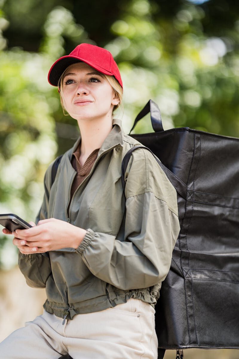 A young female delivery person with a red cap and black backpack using a smartphone outdoors.