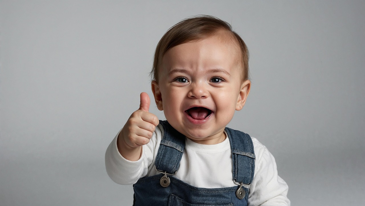 ai generated, boy, baby, like, thumbs up, presentation, smile, joy, happiness, open, radiant, expectations, education